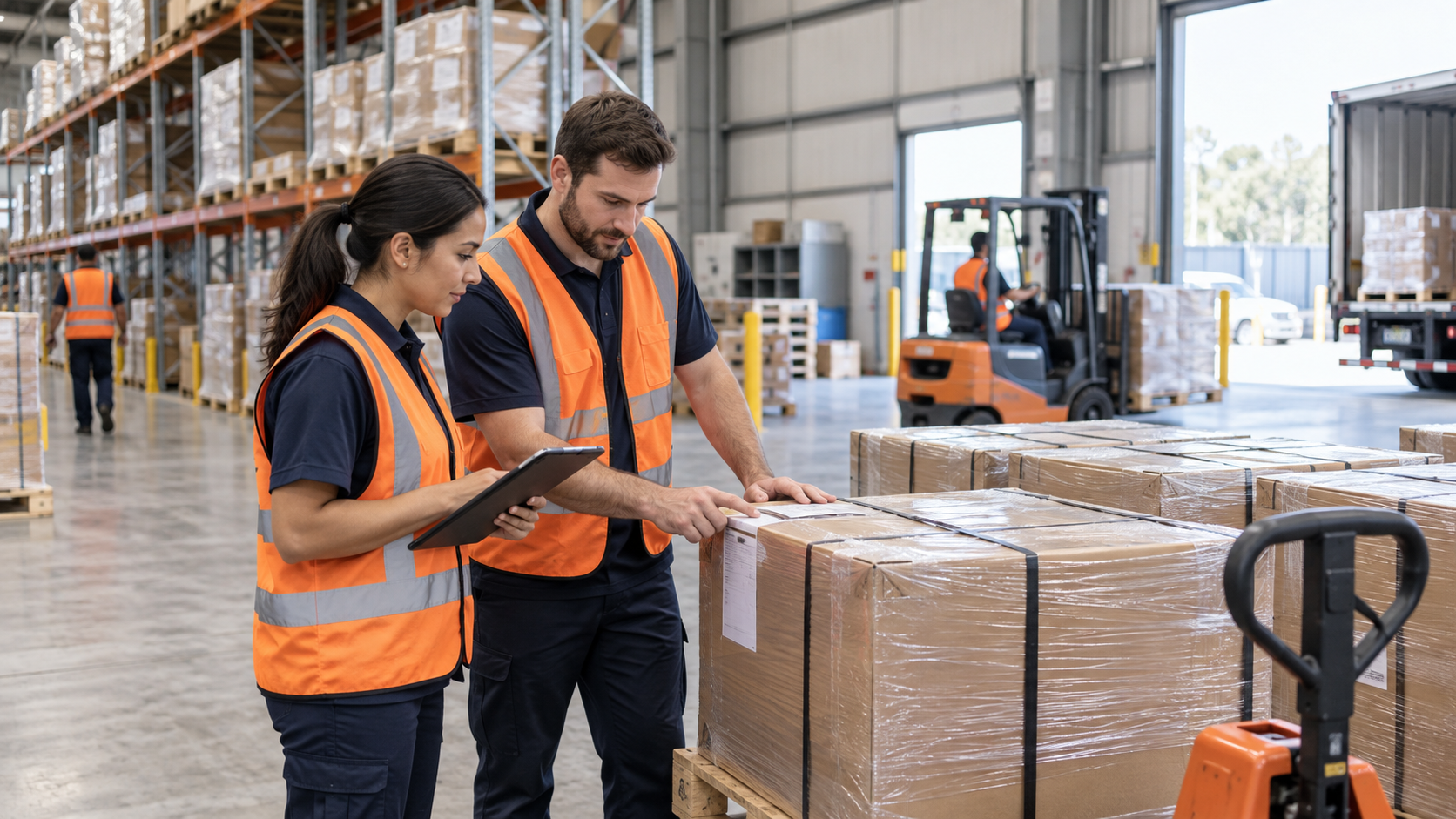 Warehouse staff reviewing goods during inbound handling