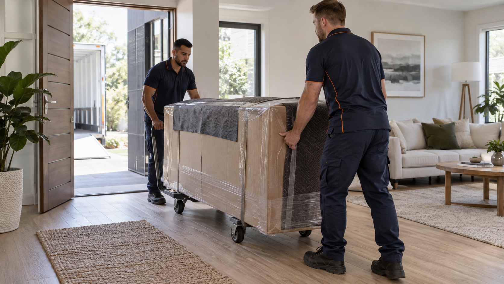 Two-person delivery team carefully moving a large item into a residential property