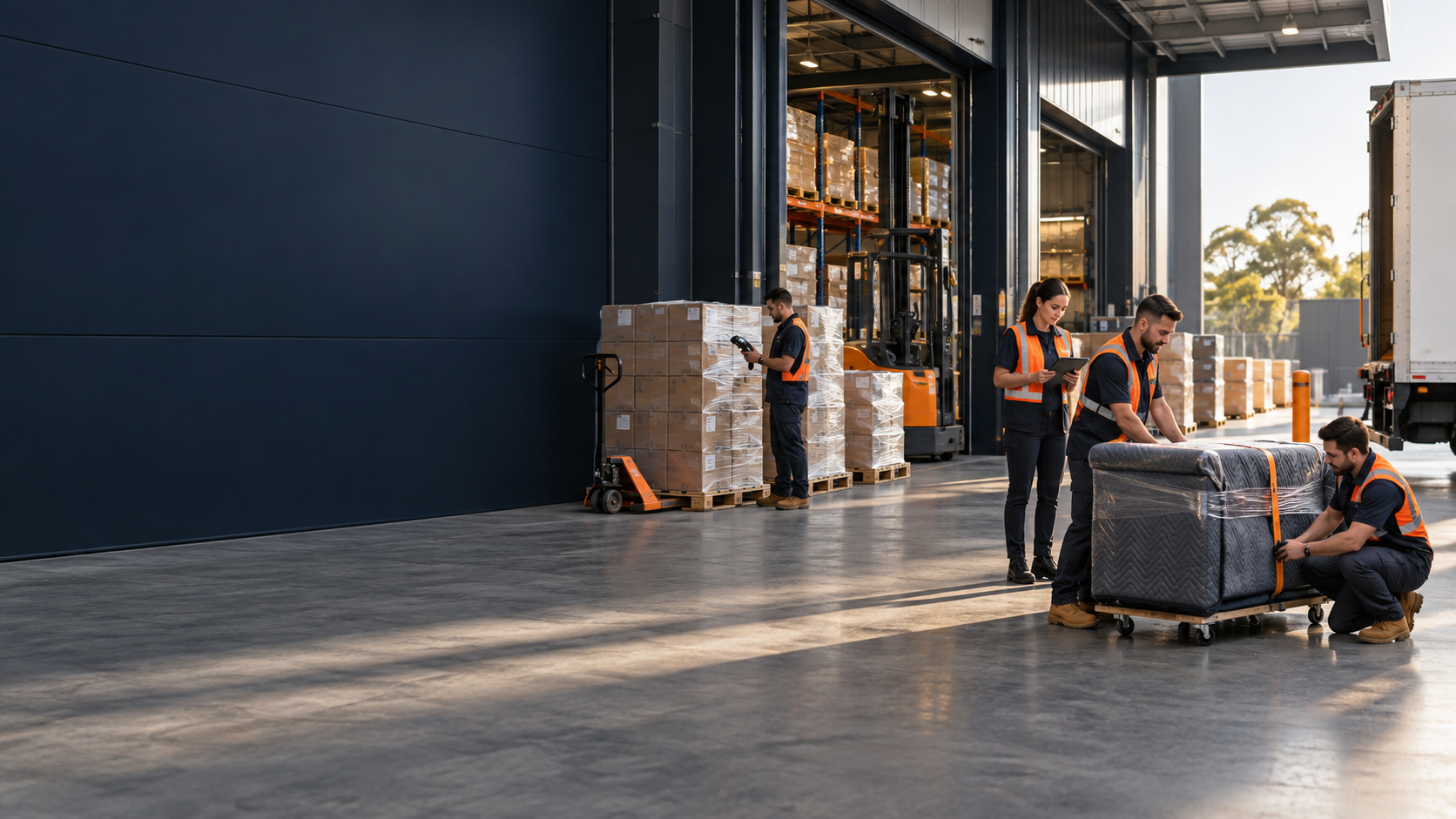 Integrated logistics team coordinating warehousing, dispatch and bulky-goods delivery preparation at an Australian facility