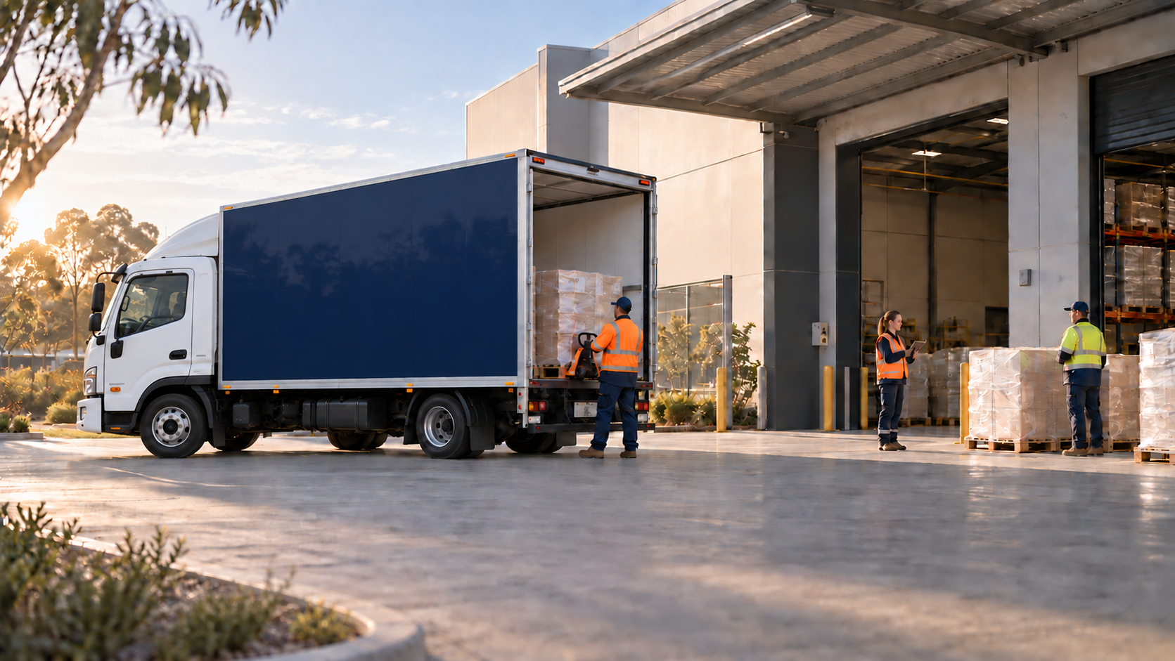 Unbranded rigid box truck aligned on one straight chassis during rear loading at an Australian warehouse