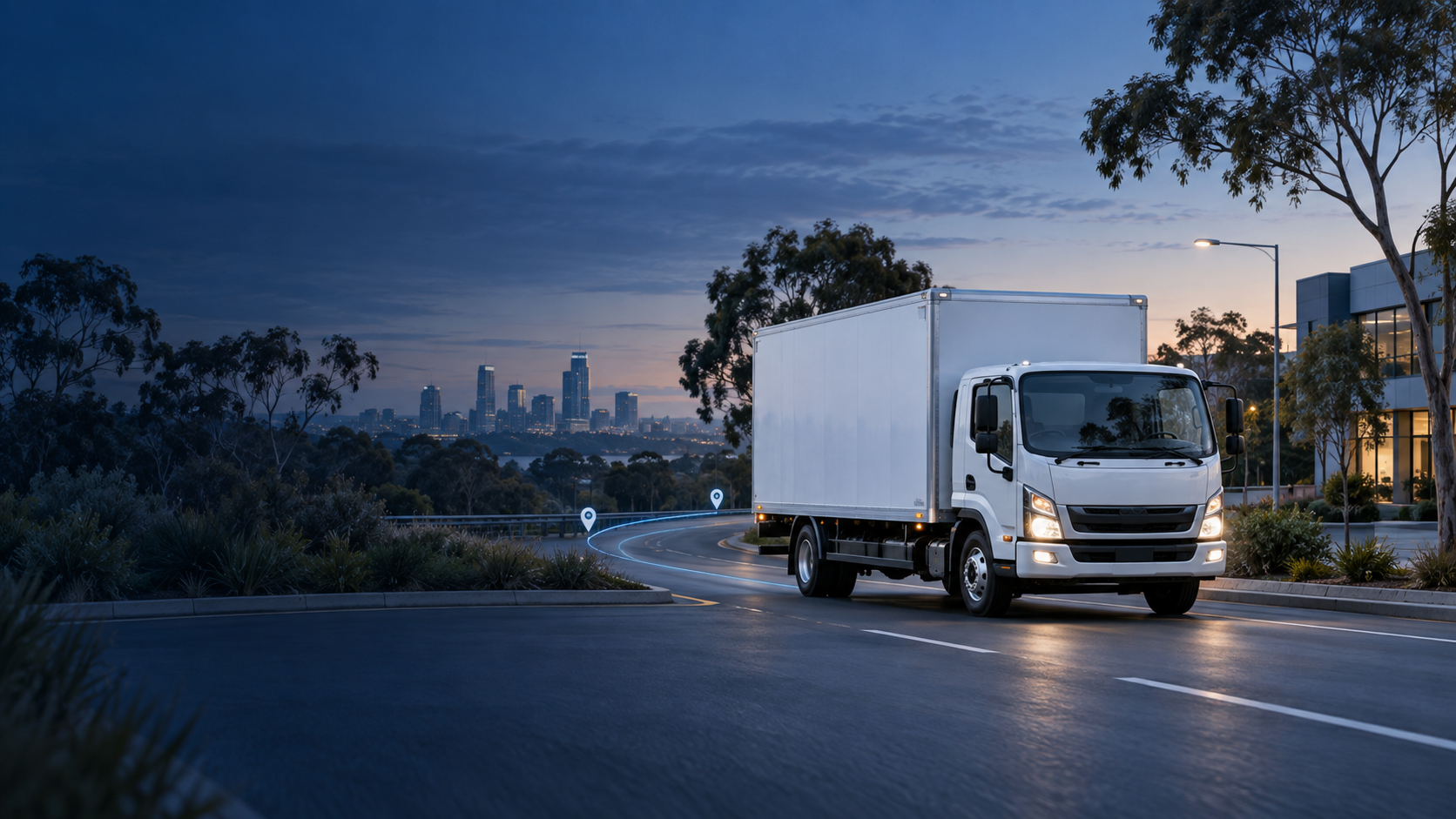 Rigid box delivery truck travelling on an Australian suburban road